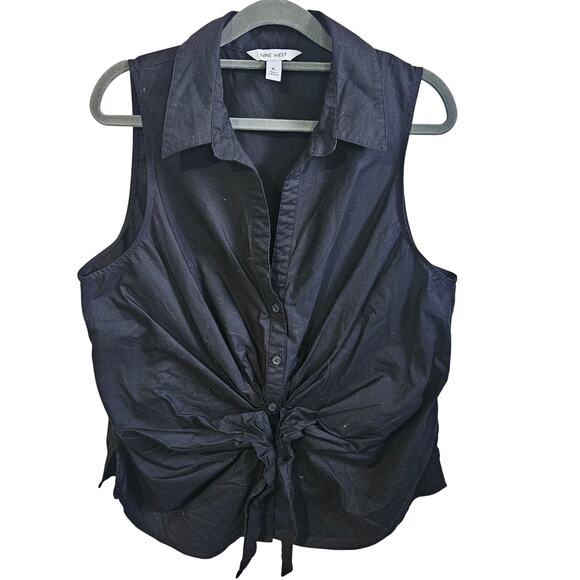 Nine West Size XL Tie Up Sleeveless Collared Button Up Solid Black Casual Summer - Picture 1 of 5